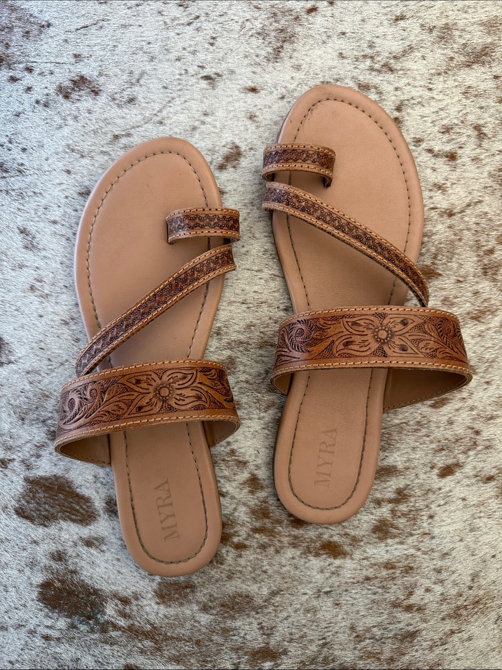 Myra Bag Brown Floral Tooled Leather Slide Sandals